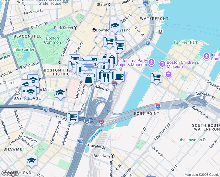 map of restaurants, bars, coffee shops, grocery stores, and more near 230 South Street in Boston