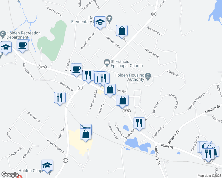 map of restaurants, bars, coffee shops, grocery stores, and more near 8 Boyden Road in Holden