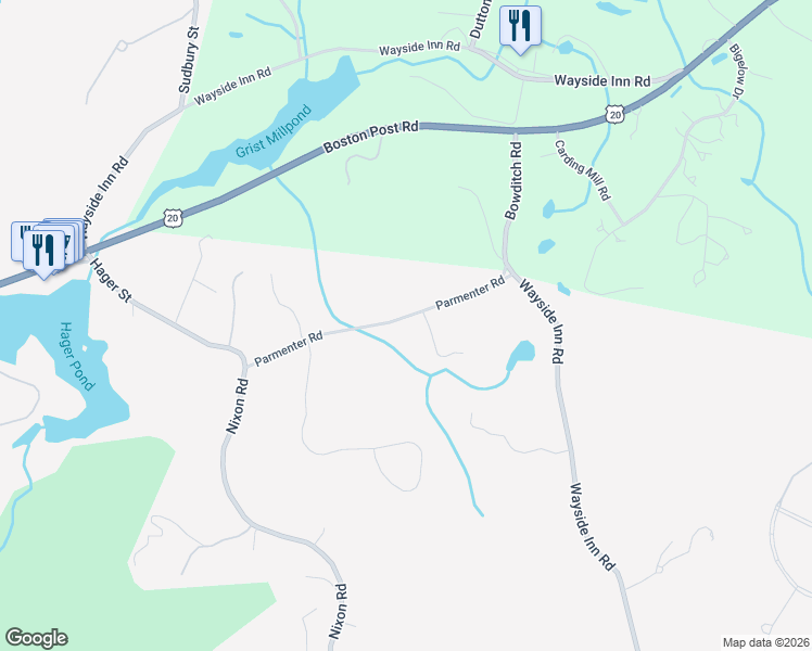 map of restaurants, bars, coffee shops, grocery stores, and more near 16 Parmenter Road in Framingham