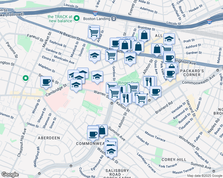 map of restaurants, bars, coffee shops, grocery stores, and more near 103 Gordon Street in Boston