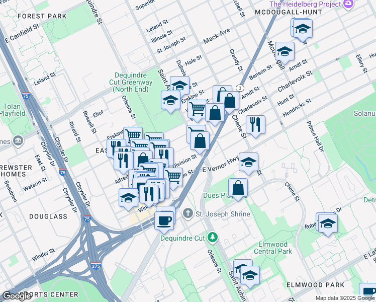 map of restaurants, bars, coffee shops, grocery stores, and more near 1977 Division Street in Detroit