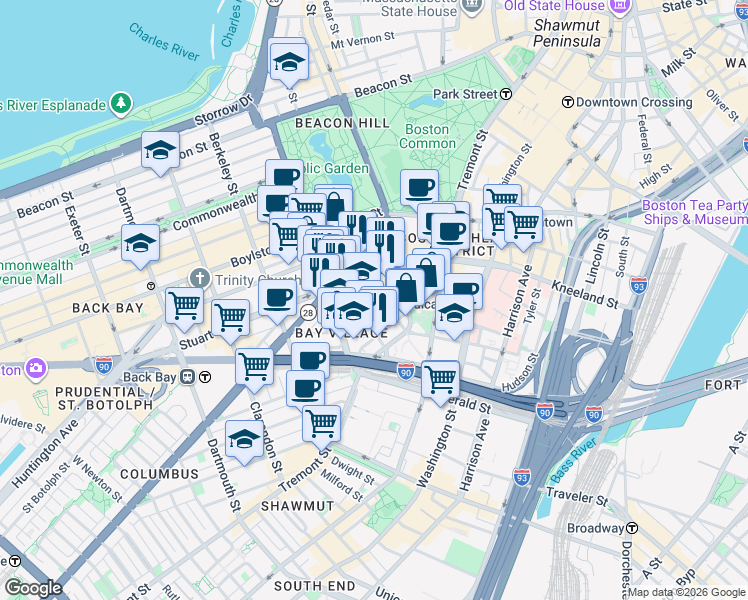 map of restaurants, bars, coffee shops, grocery stores, and more near 34-38 Winchester Street in Boston