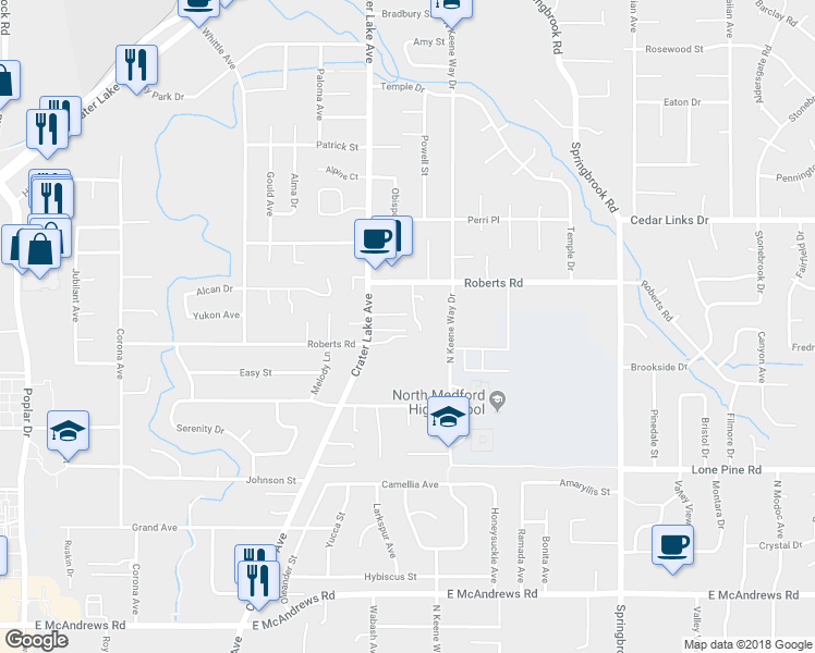 map of restaurants, bars, coffee shops, grocery stores, and more near 2008 Crater Lake Avenue in Medford