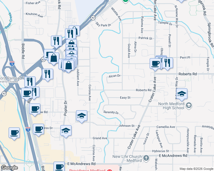 map of restaurants, bars, coffee shops, grocery stores, and more near 1575 Roberts Road in Medford