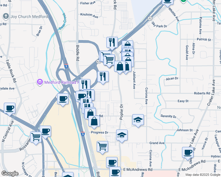 map of restaurants, bars, coffee shops, grocery stores, and more near 2101 Poplar Drive in Medford