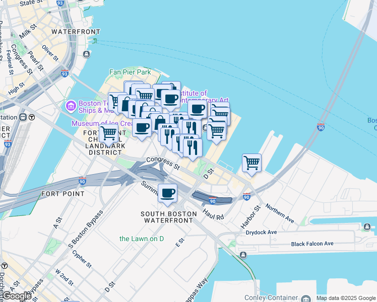 map of restaurants, bars, coffee shops, grocery stores, and more near 1 Seaport Lane in Boston