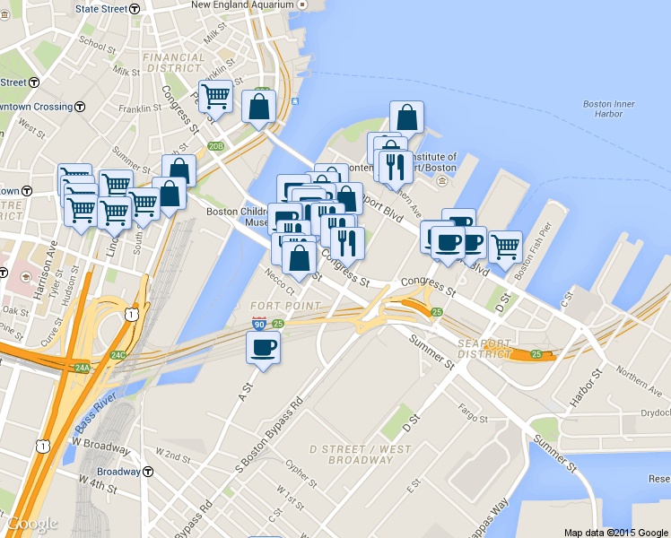 map of restaurants, bars, coffee shops, grocery stores, and more near 4 West Service Road in Boston