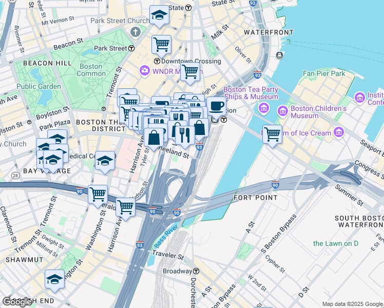 map of restaurants, bars, coffee shops, grocery stores, and more near 745 Atlantic Avenue in Boston