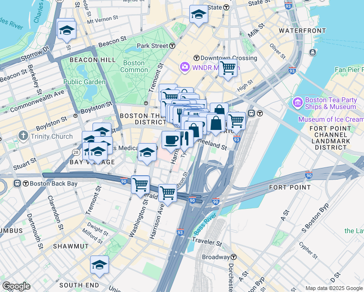 map of restaurants, bars, coffee shops, grocery stores, and more near 1 Hudson Street in Boston