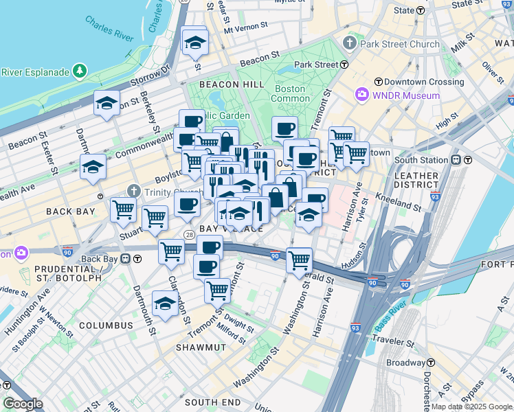 map of restaurants, bars, coffee shops, grocery stores, and more near 34-38 Winchester Street in Boston