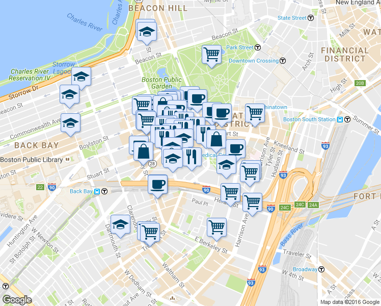 map of restaurants, bars, coffee shops, grocery stores, and more near 34-38 Winchester Street in Boston