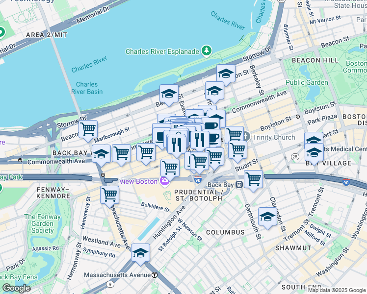 map of restaurants, bars, coffee shops, grocery stores, and more near 754 Boylston Street in Boston