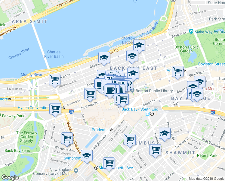 map of restaurants, bars, coffee shops, grocery stores, and more near 754 Boylston Street in Boston