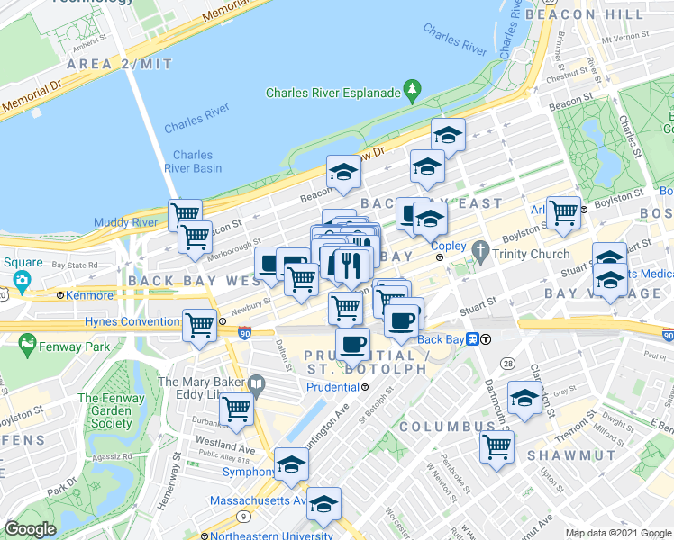 map of restaurants, bars, coffee shops, grocery stores, and more near 219 Newbury Street in Boston