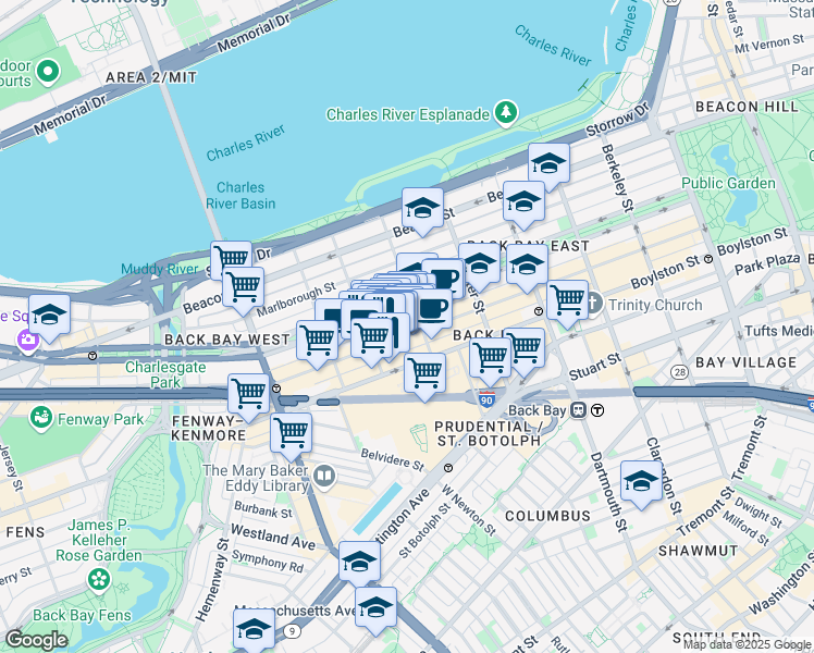 map of restaurants, bars, coffee shops, grocery stores, and more near 267 Newbury Street in Boston