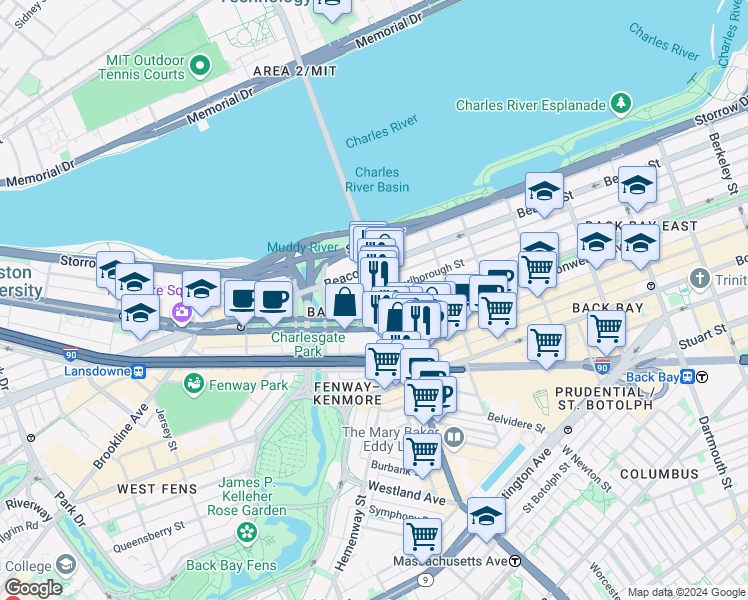 map of restaurants, bars, coffee shops, grocery stores, and more near 377 Commonwealth Avenue in Boston