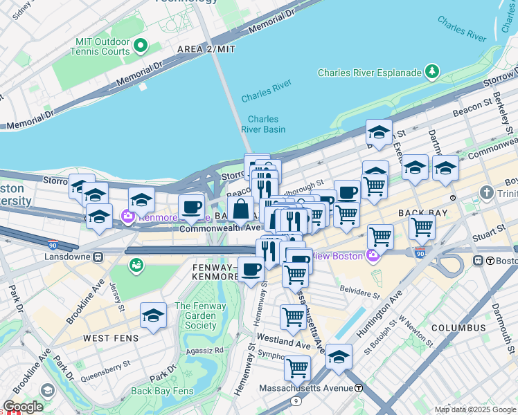 map of restaurants, bars, coffee shops, grocery stores, and more near 377 Commonwealth Avenue in Boston