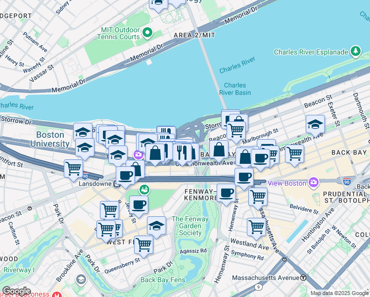 map of restaurants, bars, coffee shops, grocery stores, and more near 483 Commonwealth Avenue in Boston