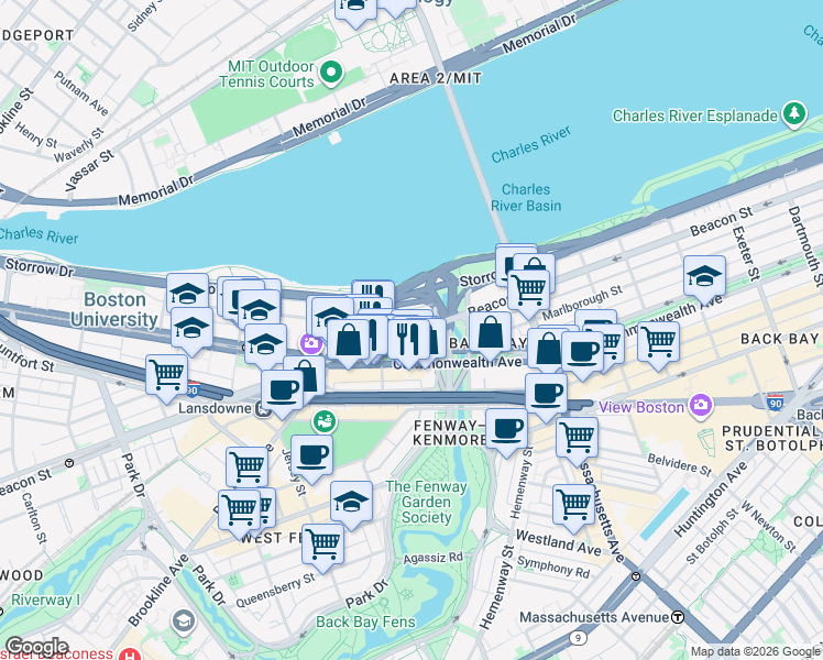 map of restaurants, bars, coffee shops, grocery stores, and more near 483 Commonwealth Avenue in Boston