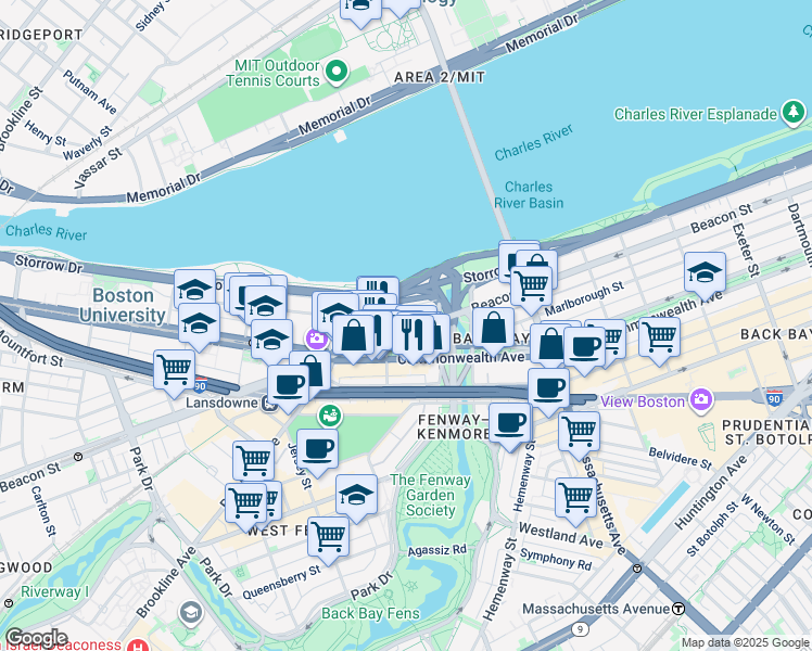 map of restaurants, bars, coffee shops, grocery stores, and more near 483 Commonwealth Avenue in Boston