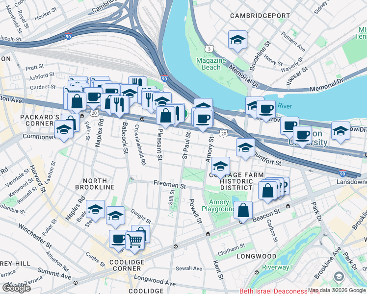 map of restaurants, bars, coffee shops, grocery stores, and more near 49 Egmont Street in Brookline