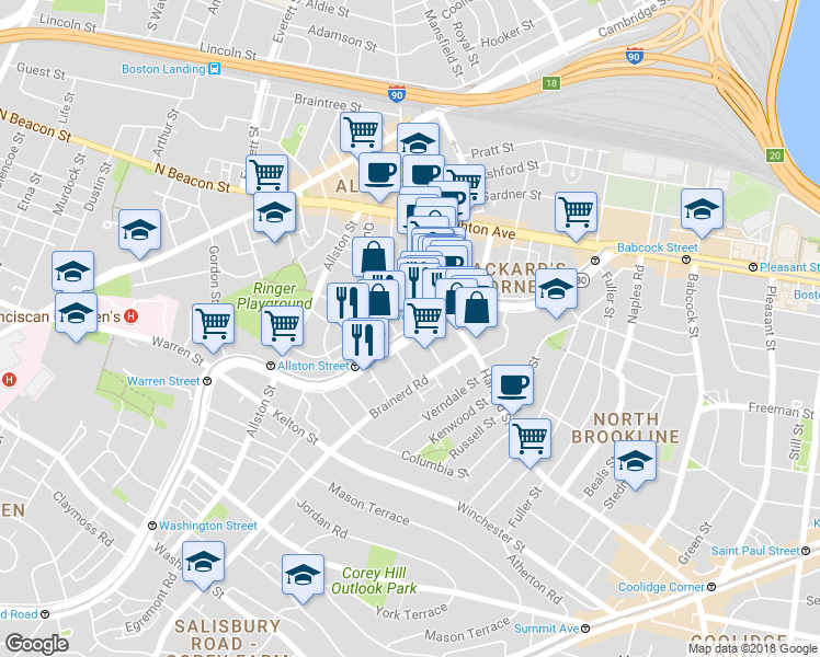map of restaurants, bars, coffee shops, grocery stores, and more near 1277 Commonwealth Avenue in Boston