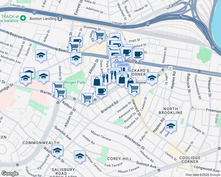 map of restaurants, bars, coffee shops, grocery stores, and more near 1277 Commonwealth Avenue in Boston