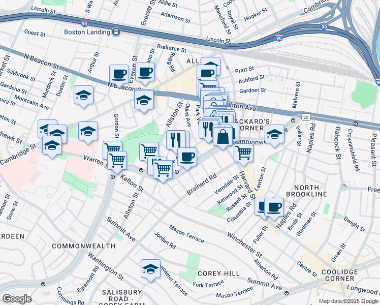 map of restaurants, bars, coffee shops, grocery stores, and more near 66 Glenville Avenue in Boston