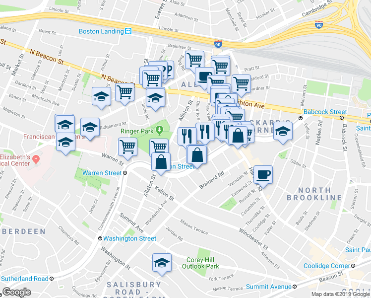 map of restaurants, bars, coffee shops, grocery stores, and more near 66 Glenville Avenue in Boston