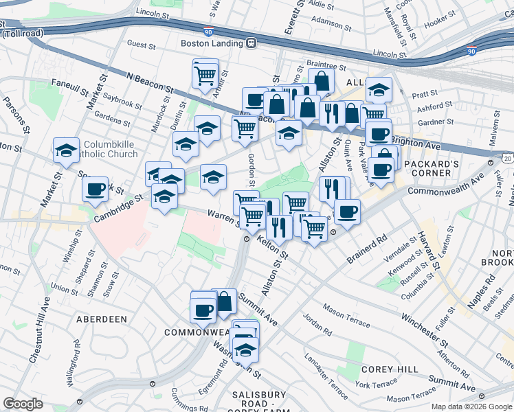 map of restaurants, bars, coffee shops, grocery stores, and more near 86 Gordon Street in Boston
