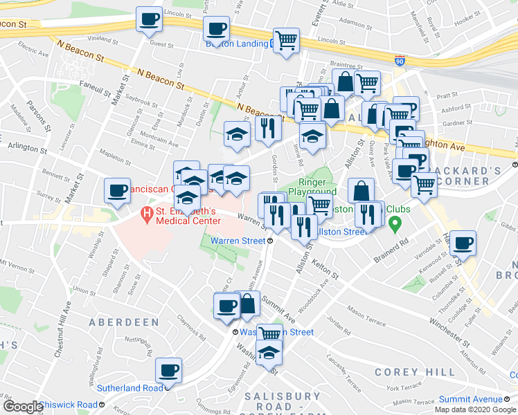 map of restaurants, bars, coffee shops, grocery stores, and more near 103 Gordon Street in Boston