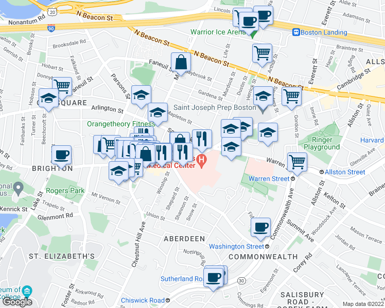 map of restaurants, bars, coffee shops, grocery stores, and more near 736 Cambridge Street in Boston