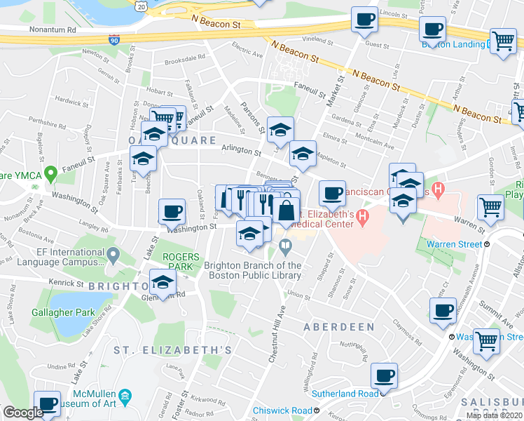 map of restaurants, bars, coffee shops, grocery stores, and more near 385 Washington Street in Boston