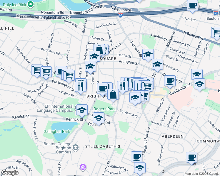 map of restaurants, bars, coffee shops, grocery stores, and more near 57 Malbert Road in Boston