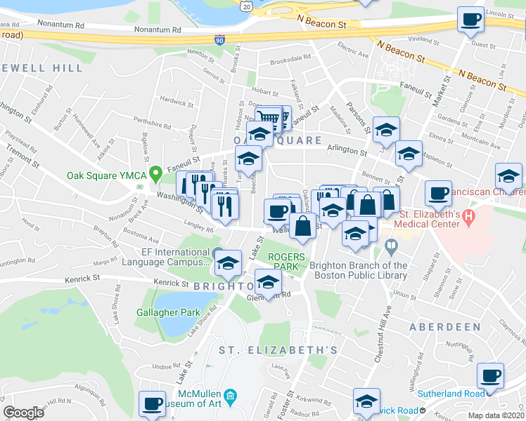 map of restaurants, bars, coffee shops, grocery stores, and more near in Boston