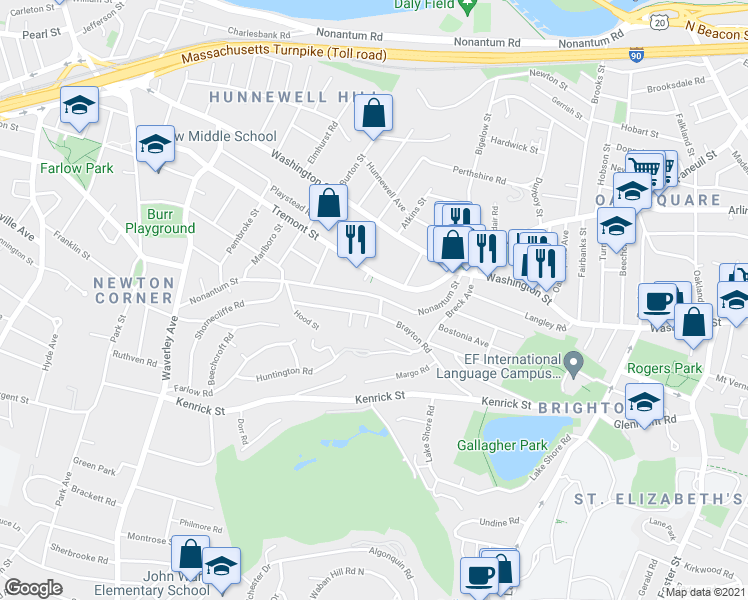 map of restaurants, bars, coffee shops, grocery stores, and more near 111 Brayton Road in Boston