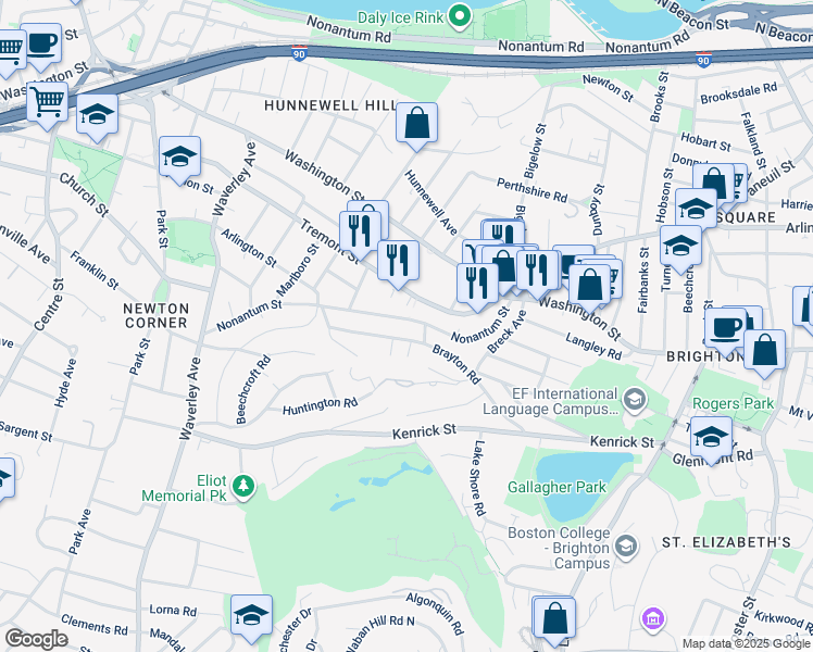map of restaurants, bars, coffee shops, grocery stores, and more near 111 Brayton Road in Boston