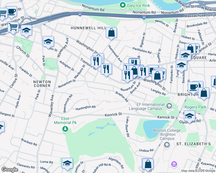 map of restaurants, bars, coffee shops, grocery stores, and more near 111 Brayton Road in Boston
