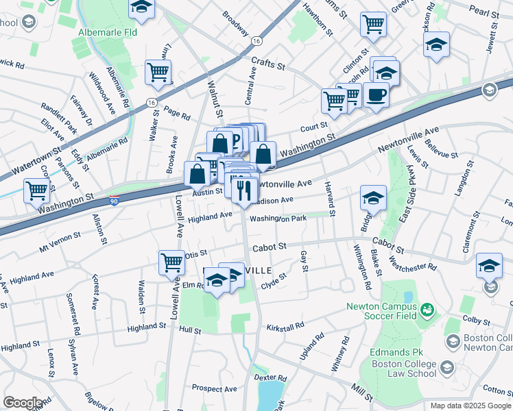 map of restaurants, bars, coffee shops, grocery stores, and more near 345 Walnut Street in Newton