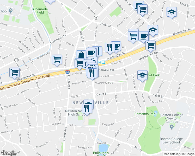 map of restaurants, bars, coffee shops, grocery stores, and more near 345 Walnut Street in Newton