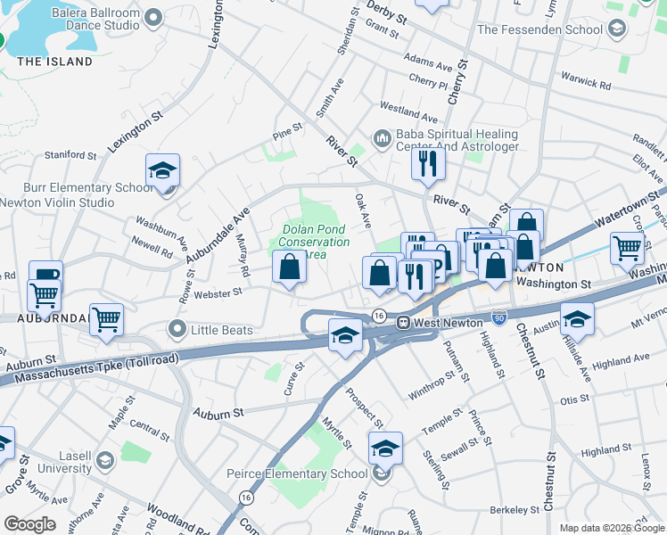 map of restaurants, bars, coffee shops, grocery stores, and more near 147 Webster Street in Newton