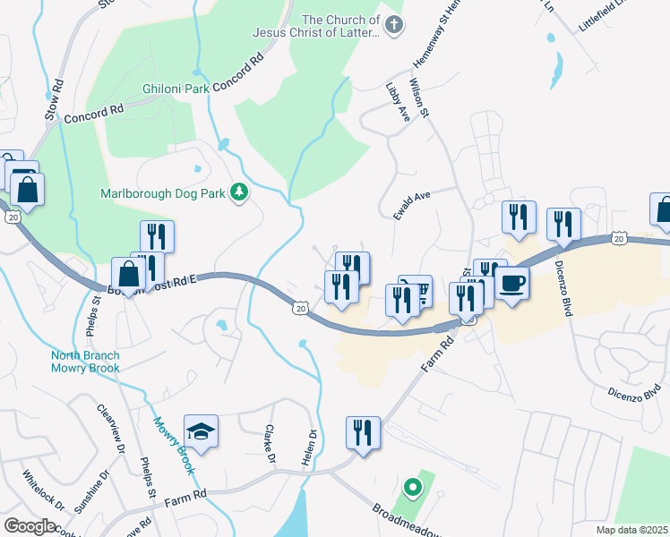 map of restaurants, bars, coffee shops, grocery stores, and more near 103 Westminster Drive in Marlborough