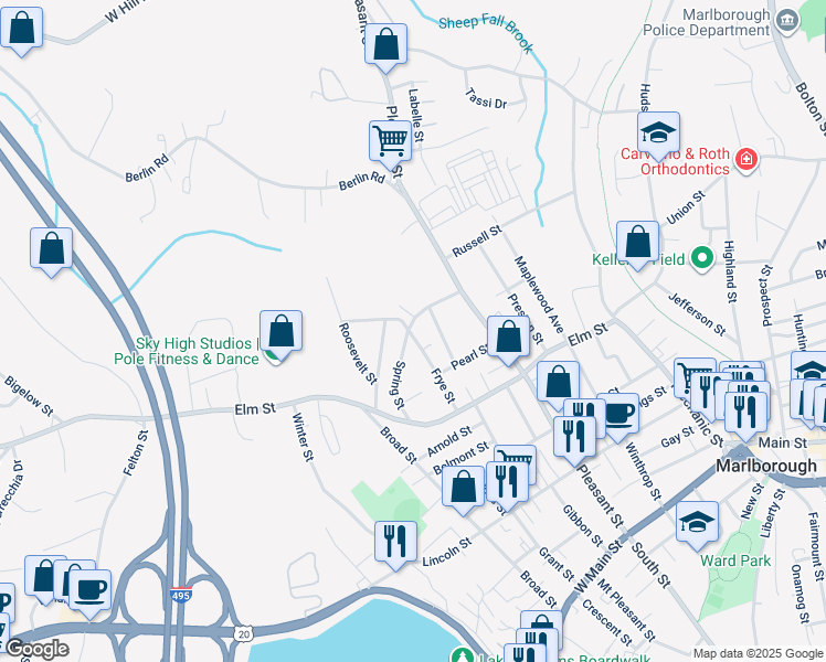 map of restaurants, bars, coffee shops, grocery stores, and more near 77 Spring Street in Marlborough