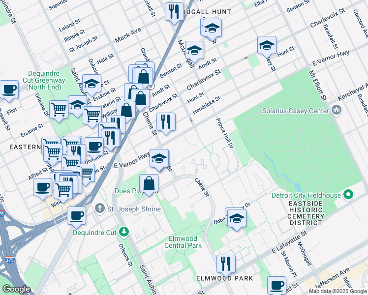 map of restaurants, bars, coffee shops, grocery stores, and more near 2360 East Vernor Highway in Detroit