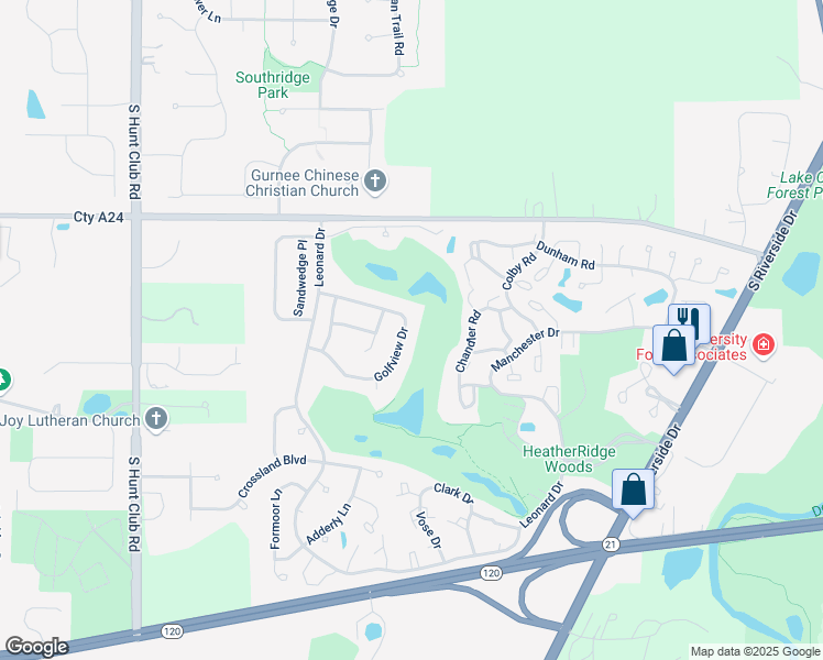 map of restaurants, bars, coffee shops, grocery stores, and more near 6110 Golfview Drive in Gurnee