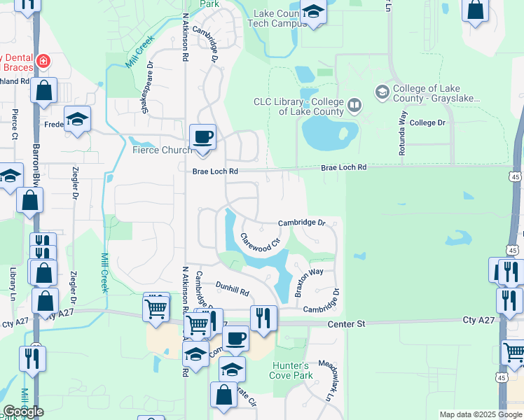 map of restaurants, bars, coffee shops, grocery stores, and more near 407 Cambridge Drive in Grayslake