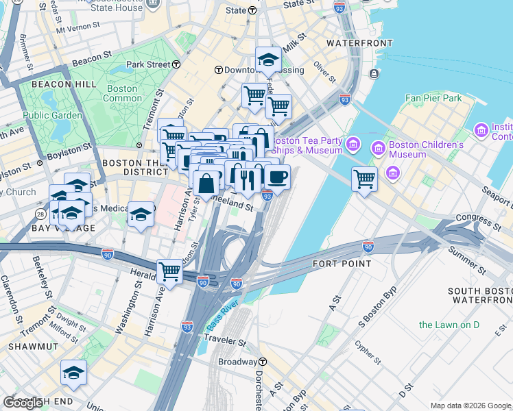 map of restaurants, bars, coffee shops, grocery stores, and more near 220 South Street in Boston