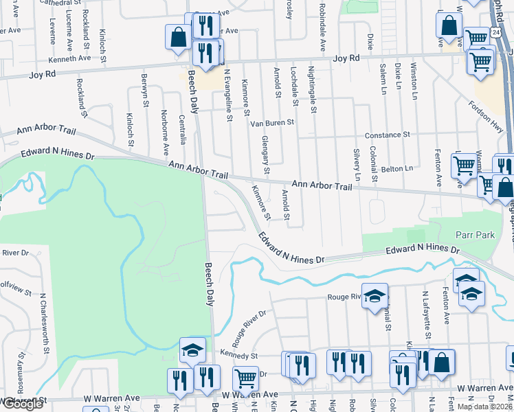 map of restaurants, bars, coffee shops, grocery stores, and more near 8135 Kinmore Street in Dearborn Heights