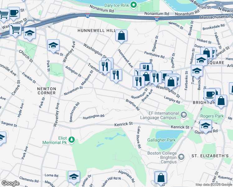 map of restaurants, bars, coffee shops, grocery stores, and more near 111 Brayton Road in Boston