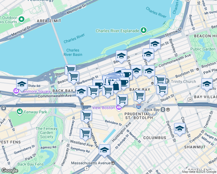 map of restaurants, bars, coffee shops, grocery stores, and more near 267 Newbury Street in Boston